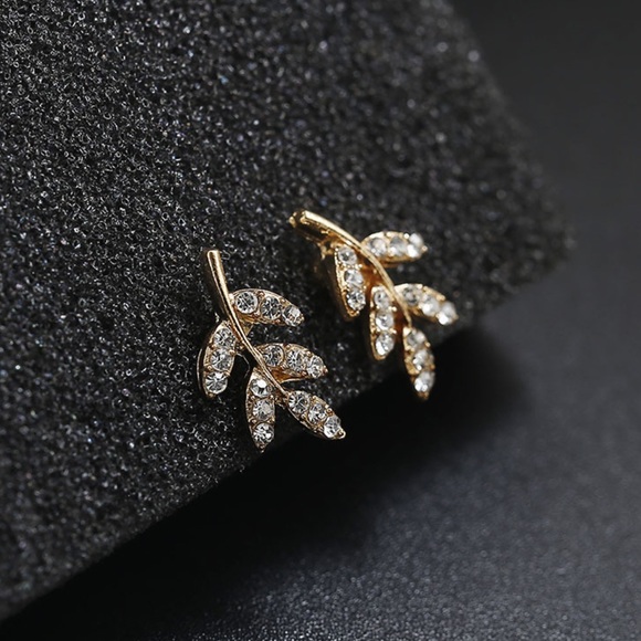 Gold & Crystal Leaf Stud Earrings - Picture 2 of 8